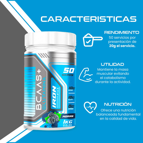 Glúteo Peptonas Peptofrance + Bcaas + Glutamina Iron Fit 1kg Sin Sabor - Moras