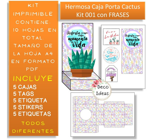 Imagen 3 de 4 de Kit Imprimible Caja Porta Maceta Frase Positiva + Tarjetatag