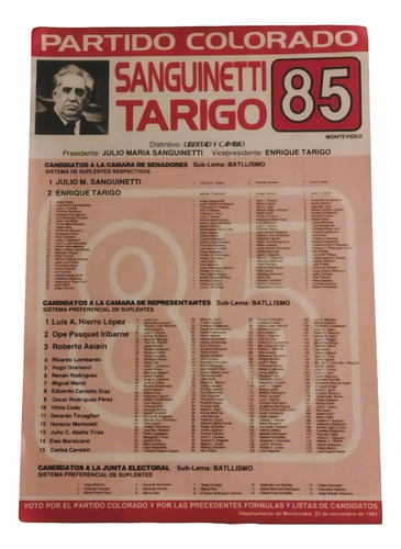 Partido Colorado Elecciones 1984 Lista 85 Libertad Y Cambio