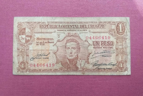 Billete De Un Peso Uruguay Ley De 2 De Enero De 1939 Serie D