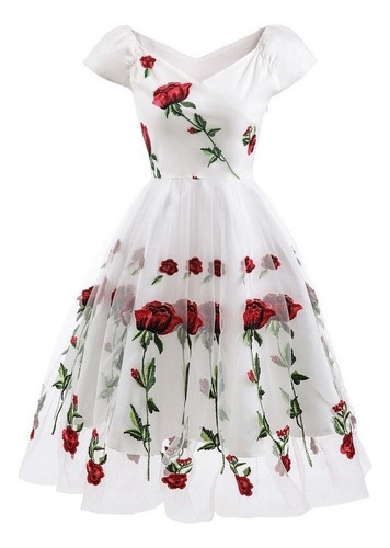 Un Vestido De Malha Bordado Floral Para Mujeres Ombro [u]