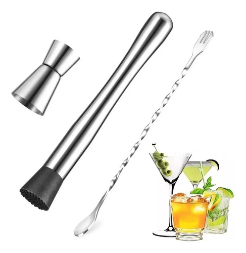 Kit De Muddler De Acero Inoxidable Con Jigger Cuchara Bar