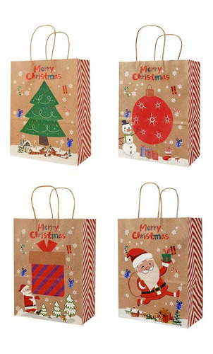 Pack 12 Bolsas Kraft De Regalo Navideñas Medianas 26x33cm