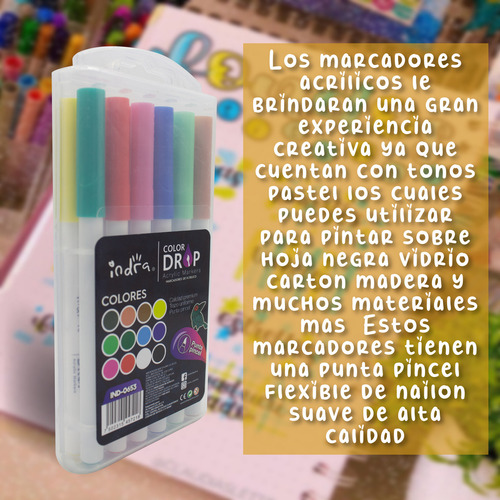 Marcadores Para Acrilico Indra Plumon Punta Pincel 12 Pzs