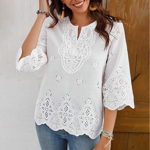 Camisa De Manga De Encaje Con Cuello En V Para Mujer