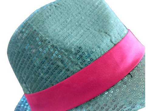 Sombrero Azul Celestw Con Lentejuela Y Liston Rosa