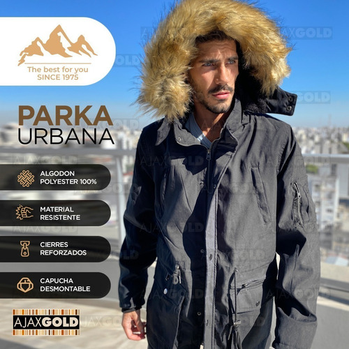 Imagen 2 de 6 de Campera Parka Hombre Invierno Forrada Gabardina Piel Capucha