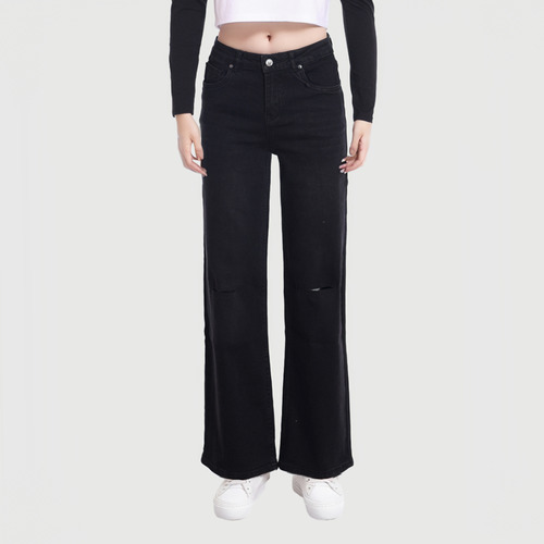 Jeans Niña Wide Leg Con Roturas Negro Fashion's Park