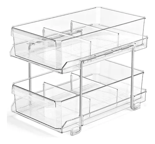 Organizador transparente de 2 niveles con divisores para gabinete/encimera,  contenedor y organizador deslizante multiusos para cocina, despensa