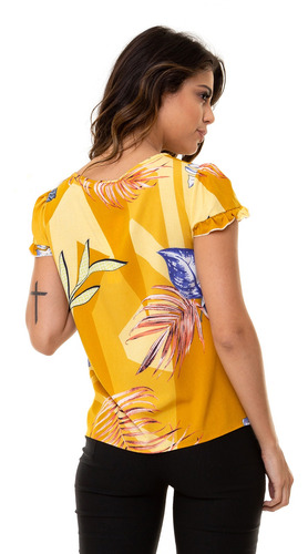 Blusa Kinara Crepe Estampada Gola Trançada Amarelo