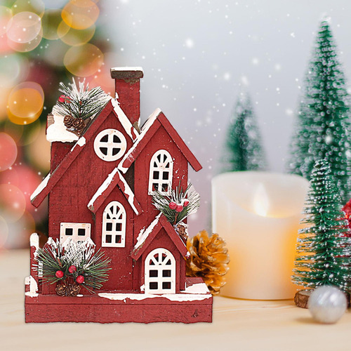 Casa Nieve Navideña Roja Con Luz Cálida Para Escritorio