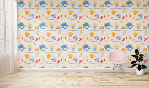 Imagen 2 de 3 de Papel Tapiz Infantil Fondo Beige Diseño Pollitos Azules