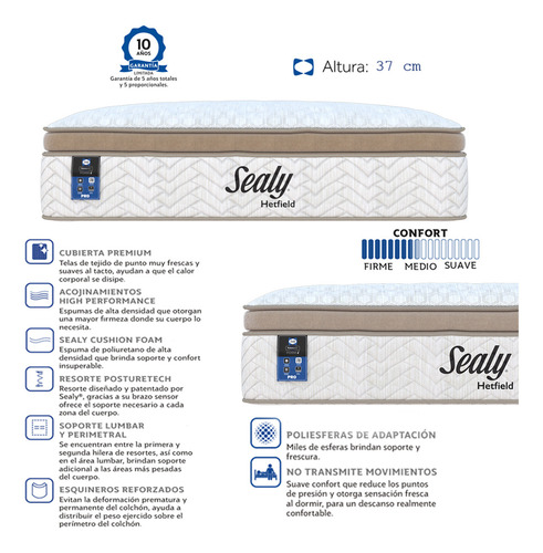 Colchón Queen Size Sealy Hetf-i Poliesferas High Performance - Firme - 37 Cm De Altura