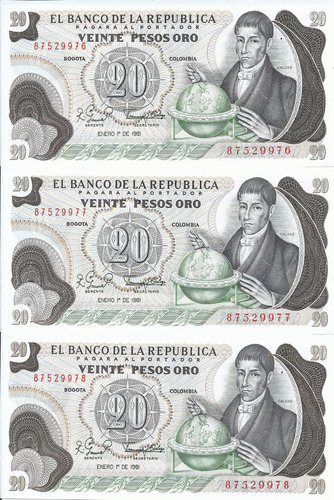 Colombia Trío Números Consecutivos, 20 Pesos 1 Enero 1981