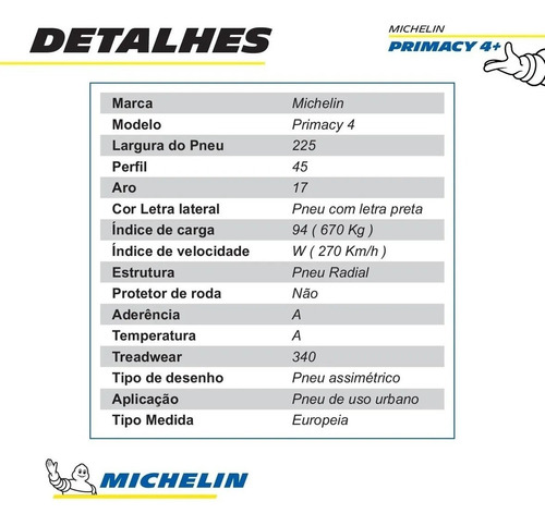 Pneu Michelin Aro 17 225/45r17 94w Xl Primacy 4+