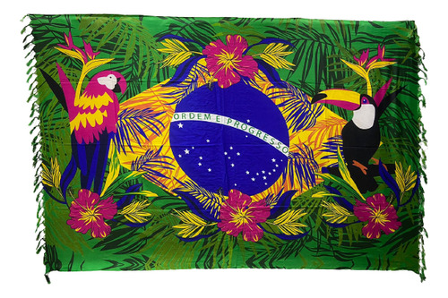 Canga De Praia Bandeira Do Brasil Fauna Brasileira Poliéster Cor Verde Desenho Do Tecido Florido Tamanho Único
