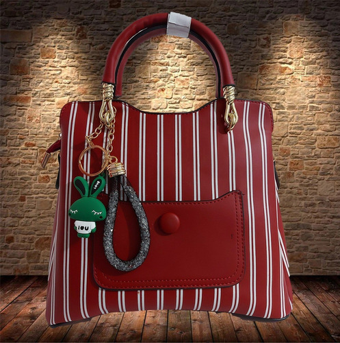 Imagen 6 de 7 de Bonita Bolsa De Mano Para Dama En Rojo Con Franjas Blancas