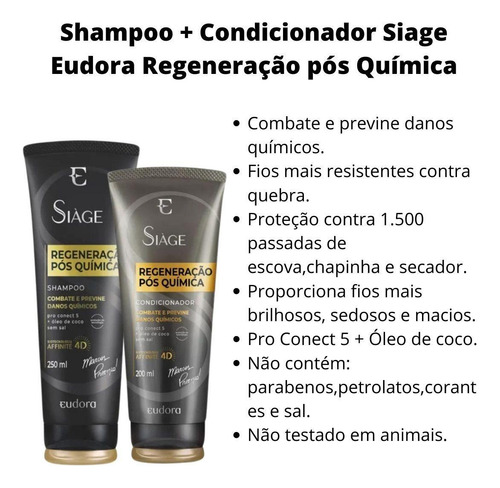 Shampoo + Condicionador Siage Eudora Regeneração Pós Química