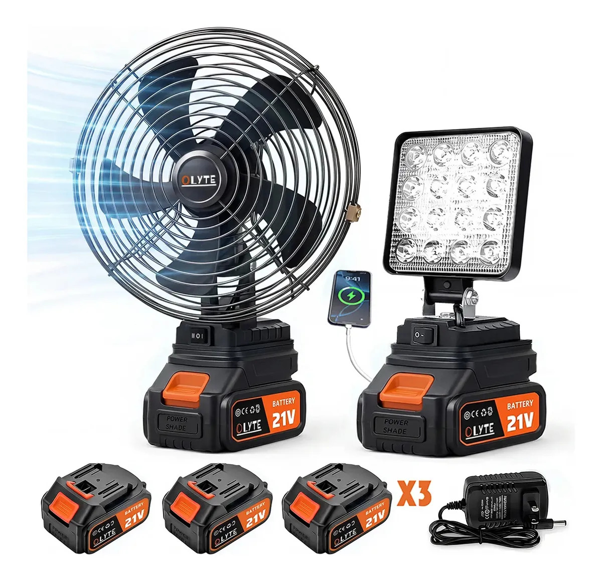 Ventilador Inalámbrico Portátil Recargable Y Luz Led De Trabajo/camping Con Tres Baterías, Marca Olyte
