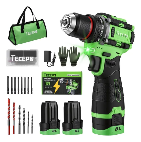 Furadeira Parafusadeira Mini Com 2 Baterias 16v 2ah Tecepo Verde-limão 127/220v 60hz