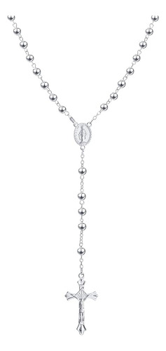 Collar De Rosario Católico Bañado En Plata 925 Con Cruz