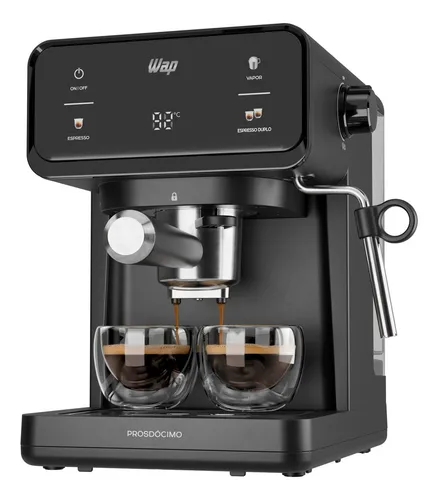 Máquina de café espresso Wap Prosdocimo preta com 2 xícaras de café sendo preparadas