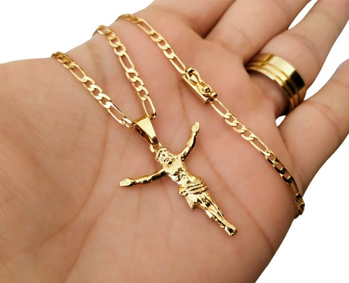 Cordão 3x1 + Cruz Jesus Cristo Tungstênio + Cor Dourado
