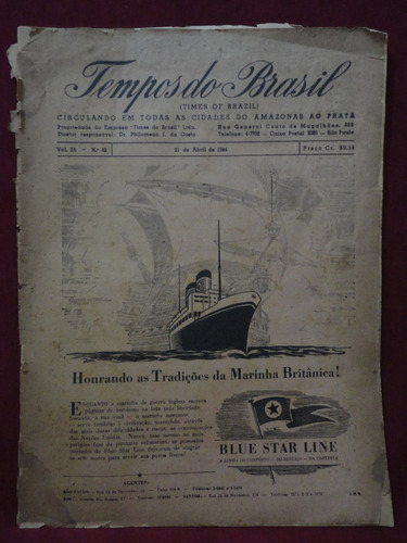 Antigo Jornal Tempos Do Brasil C/ Matéria Getulio Vargas