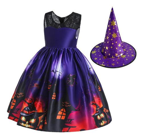Halloween Vestido Infantil De Satén Con Estampado De Dibujos Animados Calabaza Spooky