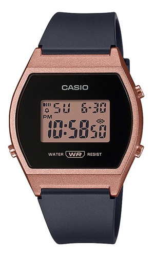 Reloj pulsera Casio Youth LW-204 de cuerpo color oro rosa, digital, fondo rosa, con correa de resina color negro, dial negro, minutero/segundero negro, bisel color oro rosa