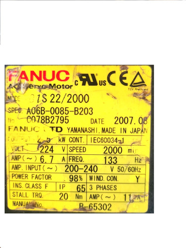 Servo Motor Fanuc Bis 22/2000 A06b-0085-b203 (usado) (Usado)