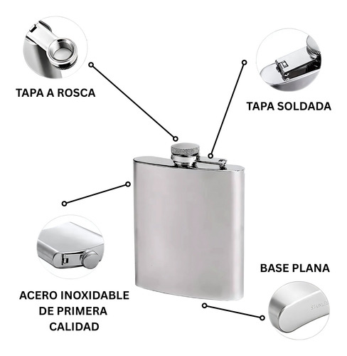 Petaca Acero Inox 7oz Tapa A Rosca - En Caja - Licor Whisky Plateado Lisa