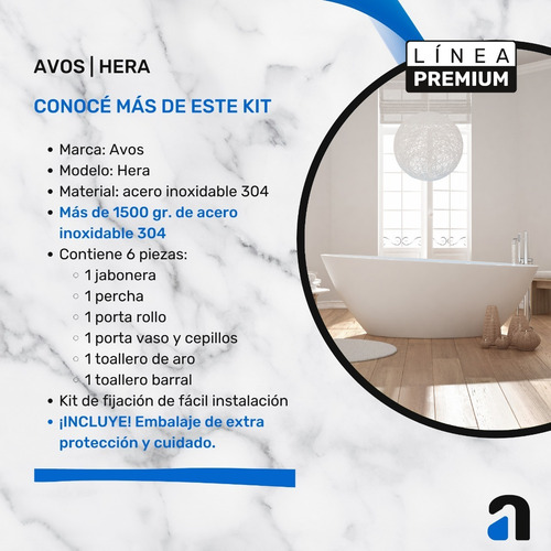 Imagen 2 de 10 de Kit Accesorios Baño 100% Acero Inoxidable 304 / Avos - Hera