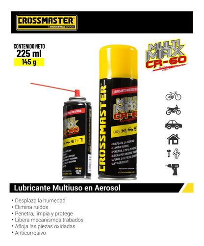 Imagen 3 de 4 de Lubricante Multiuso Aerosol 225 Ml Crossmaster 9936756