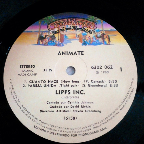 Lipps Inc - Animate (vinilo, Casablanca, 1980) Excelente Estándar