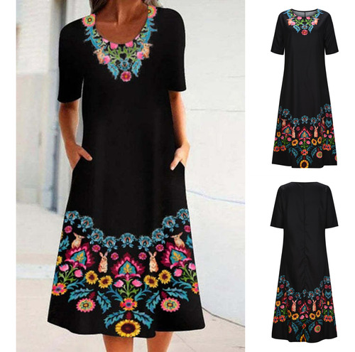 Vestido Casual De Mujer De Media Manga Con Cuello Redondo Es