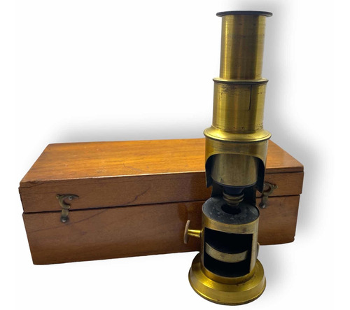 Antiguo Microscopio Bronce O Latón Con Estuche Original