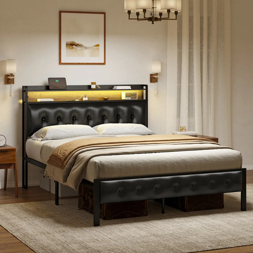 Base Cama King Size Cabecera Puertos Usb Luces Led Control