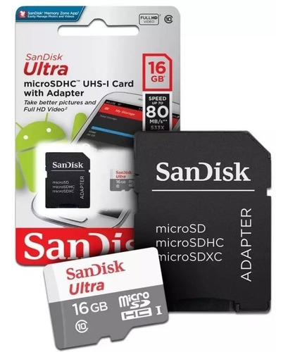 Cartão Micro Sd 16gb Sandisk Classe10 Ultra Speed 80mbs 533x