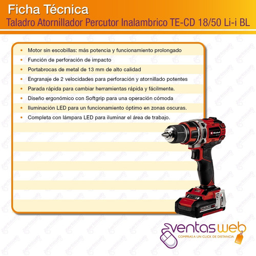 Imagen 6 de 7 de Taladro Percutor Inalambrico Brushless Einhell + 2 Baterias