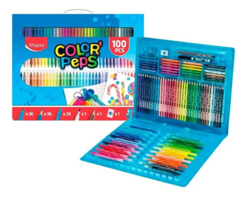 Kit 100 Piezas Colorear Set Dibujo Maped Color Peps Maletin