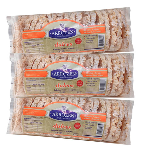 Galletas De Arroz Integral Dulces Arrozen Sin Gluten 55g X3