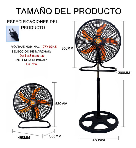 Waroom 3 Velocidades Altura Ajustable Ventilador 3 En 1 18 Pulgadas Pedestal 5 Aspas Naranja