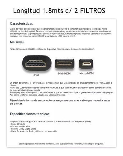 Cable Micro Hdmi Hdmi 1.8 Metros V1.4 Doble Filtro Tipo D.