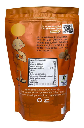 Imagen 3 de 3 de Fruta Del Monje Sustituto De Azúcar 400 Gr 2 Sobres