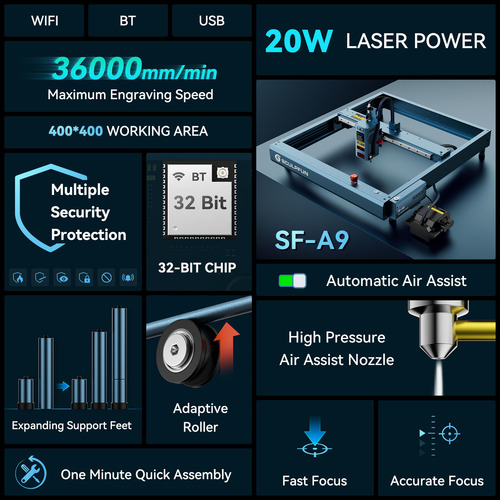 20w Grabador Láser Sculpfun Sf-a9 Y Rodillo Y Software