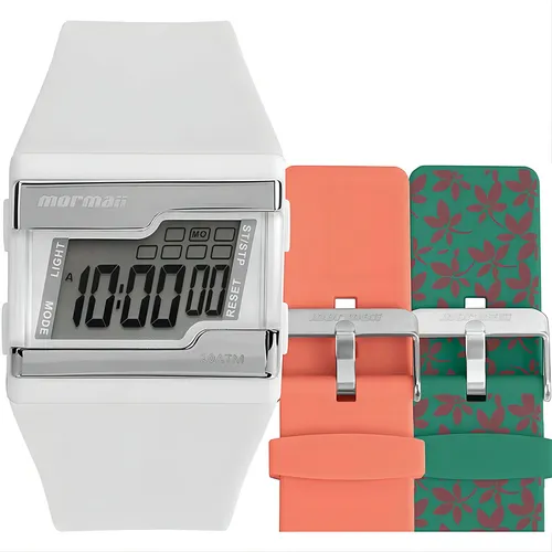 Relógio Mormaii Feminino Digital Fzn/t8v Kit Com 2 Pulseiras Cor da correia Branco Cor do bisel Prateado Cor do fundo Cinza