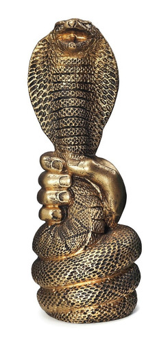 Estátua Resina Cobra Naja Nas Mãos Dourada Egito Poder 28cm