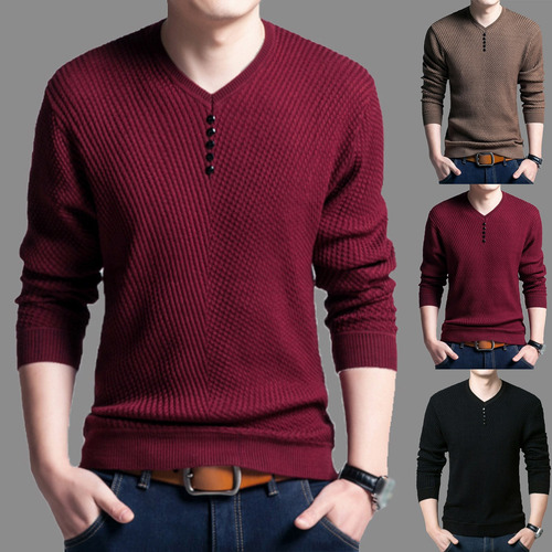 Suéter De Hombre De Color Liso Con Cuello En O De Base Delga
