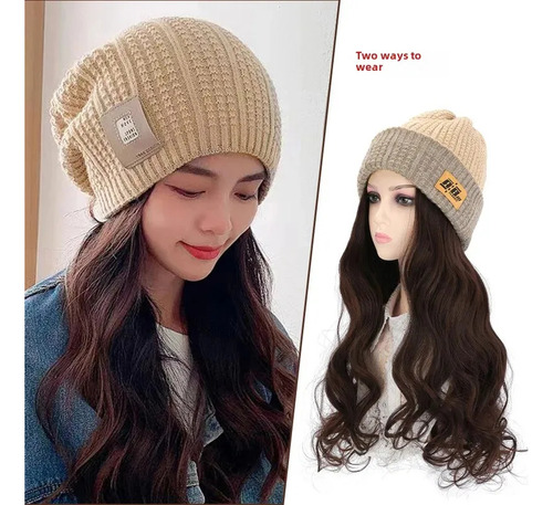 Gorro De Punto De Doble Uso De Color Caqui Y Pelo Largo Y Ri